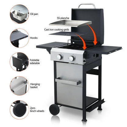 Yardmaster 24600 BTU Propane Gas Grill, 2-Burner BBQ Grill with Side Tables, Wire Enamel Cooking Grids, for Patio, Pool, Yard, Picnic and outdoor Barbecue