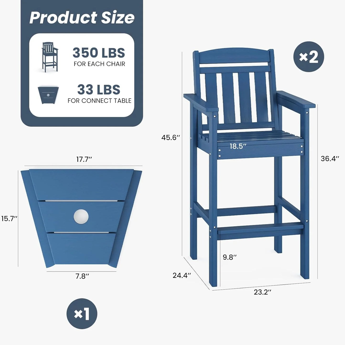 STARY Tall Adirondack Chairs Set of 2, HDPE Adirondack Bar Stools with Connecting Tray, Bar Height Adirondack Chair Patio Barstool, Ideal All Weather Tall Patio Chair for Balcony, Poolside, Backyard