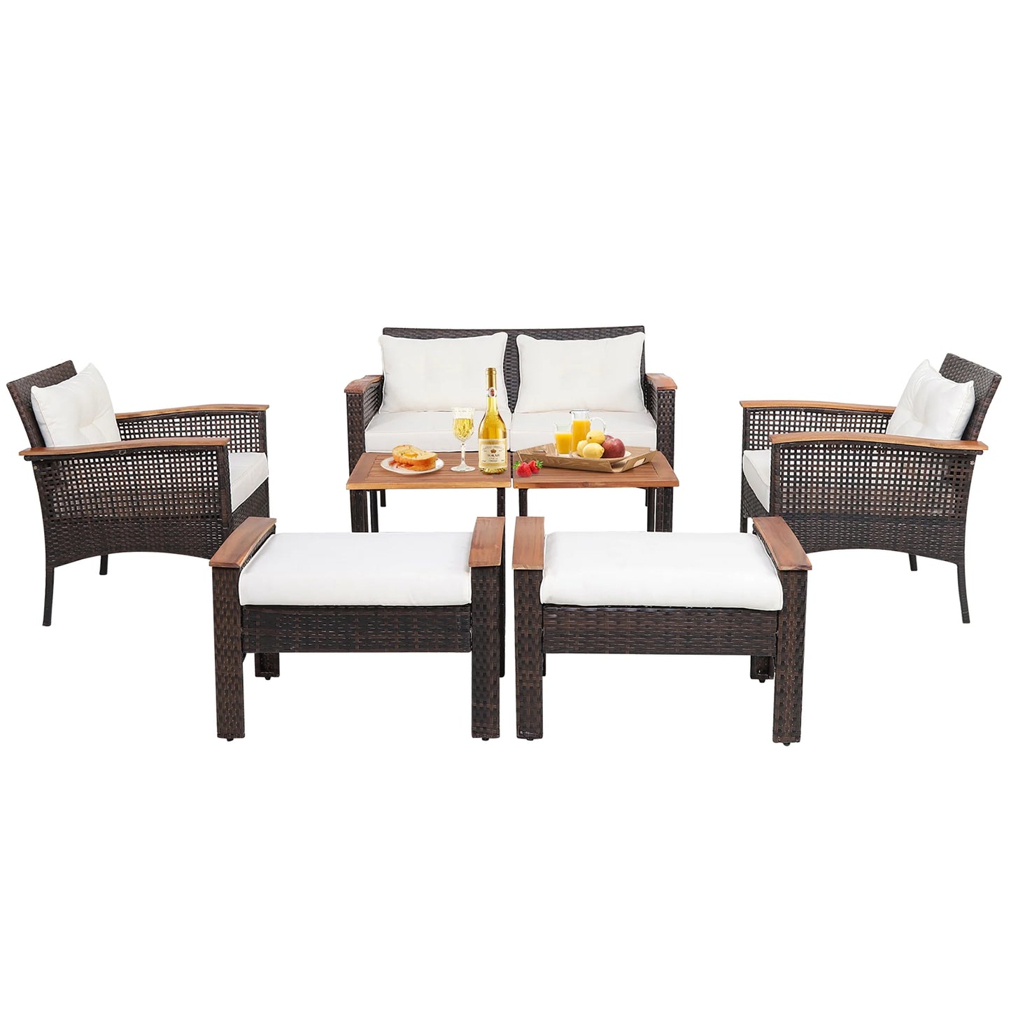 Gymax 7PCS Patio Rattan Sofa Set Outdoor Wicker Conversation Set w/Coffee Tables