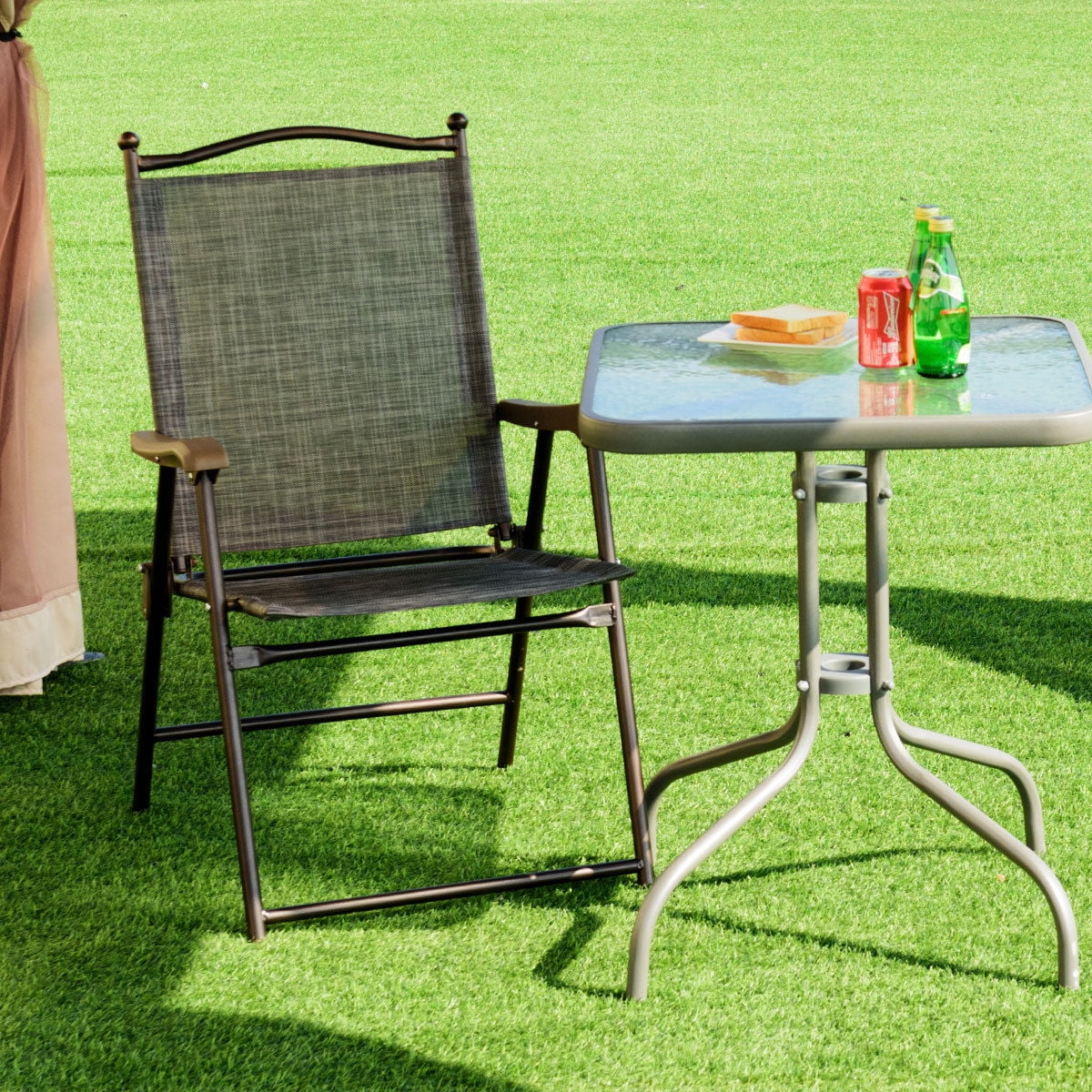 Costway Set of 2 Patio Folding Sling Back Chairs Camping Deck Garden Beach Gray