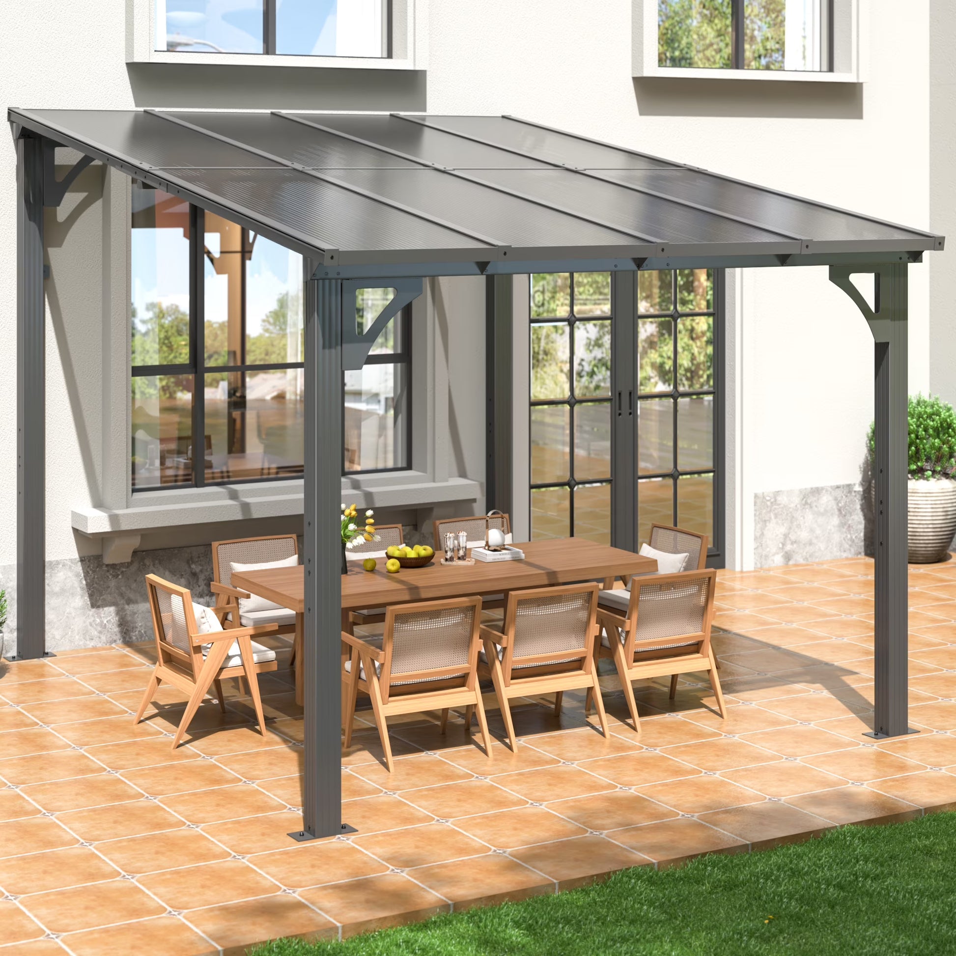 NETAJE 10'x14' Outdoor Splicable Gazebo, Hardtop Wall Mounted Gazebo & Pergola with Aluminum Frame and Sloping Roof, for Backyard, Deck, Patio-Gray