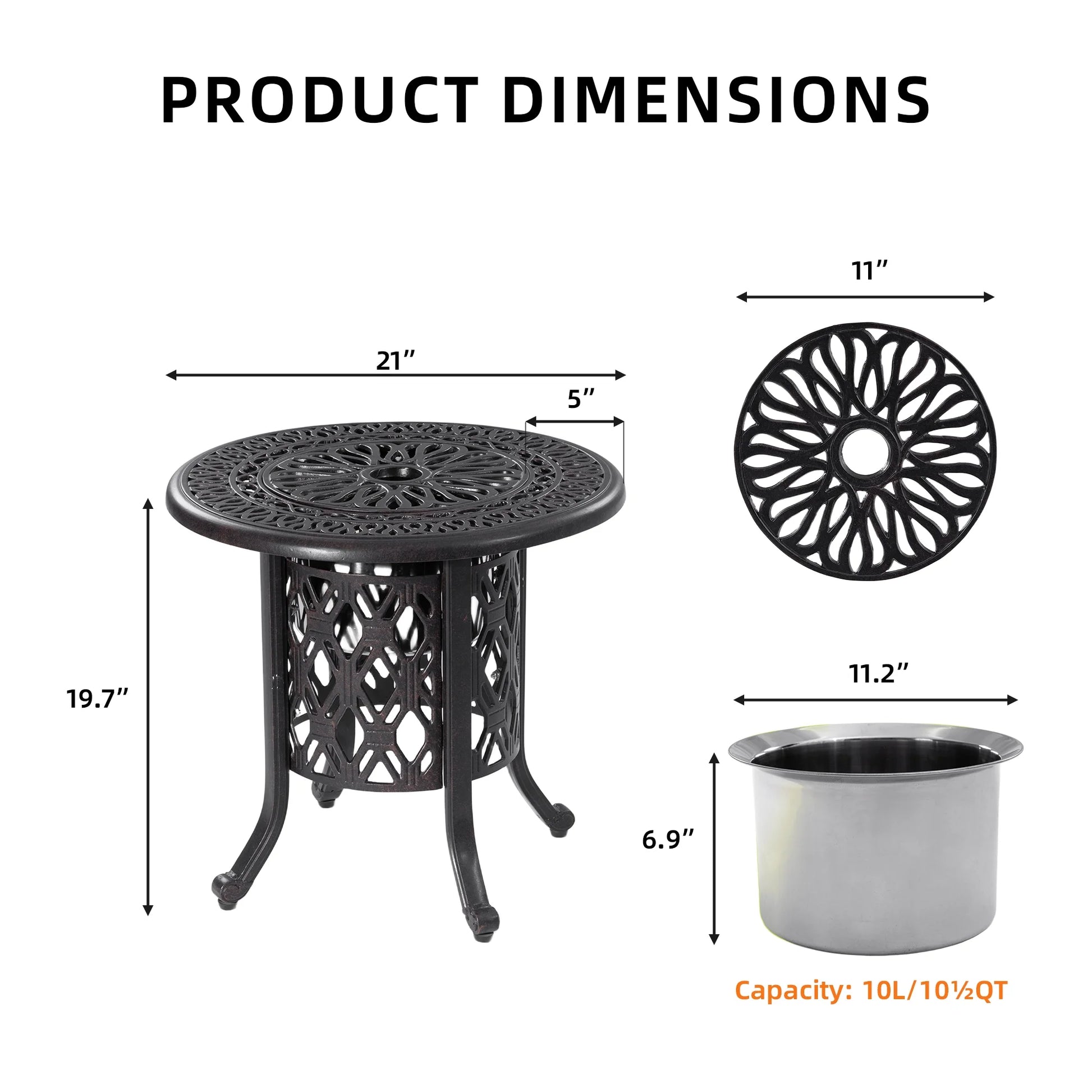 Yoneston 21" Cast Aluminum Round Patio Table with Removable Ice Bucket, Rustproof Outdoor Patio Bar Table for Patio, Balcony, Garden, Poolside, Black