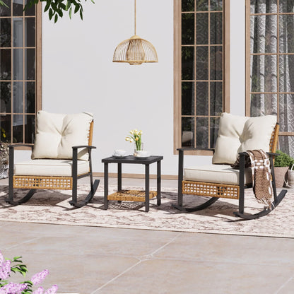LAUSAINT HOME 3 Pieces Patio Outdoor Conversation Set with 2-Tier Coffee Table, PE Wicker and Galvanized Steel(Beige)