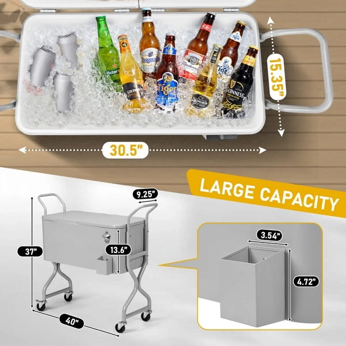 80-quart outdoor beverage rolling cooler, convenient design, easy to clean, with internal insulation function, with wheels for easy mobility, suitable for backyards and patios