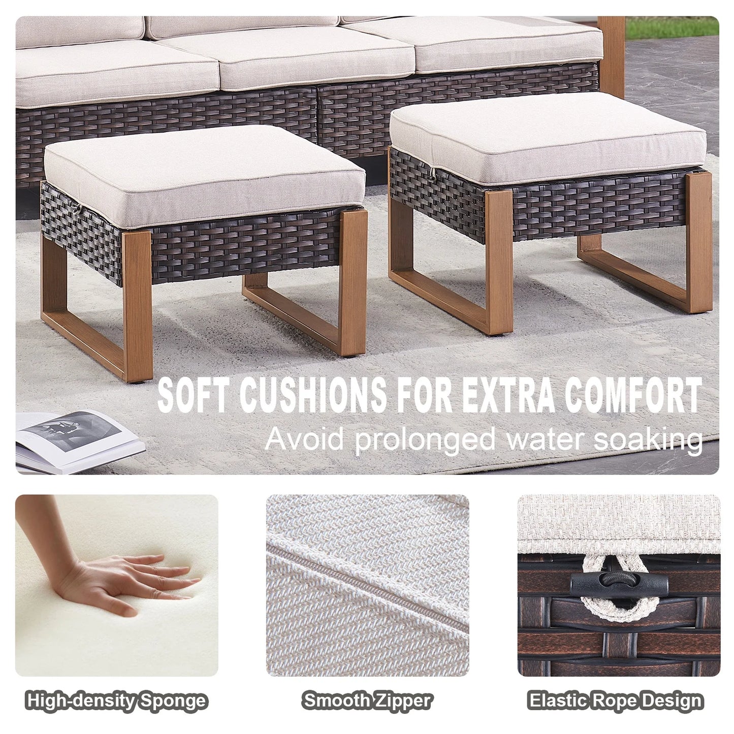 POCASSY 5PCS Patio Furniture Set with Sofa, Swivel Chair and Ottoman, All Weather Wicker Conversation Set Outdoor Seating Group for Pool, Backyard, Garden, Brown Wicker Beige Cushion