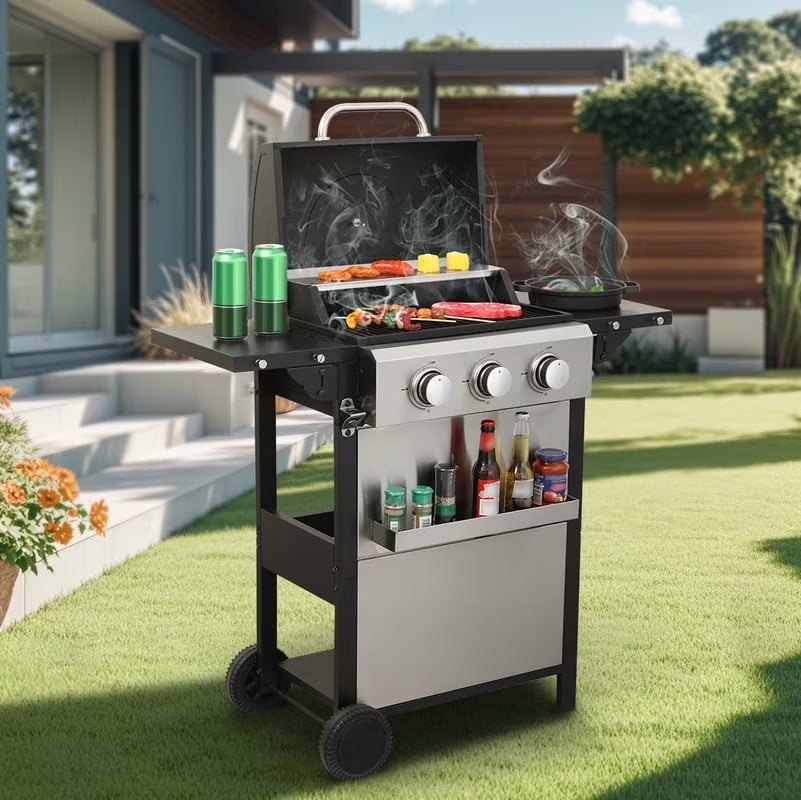 Gundir 3-Burner Propane Gas Grill, 25650 BTU Outdoor BBQ Grill with Foldable Side Table, Wheels, Stainless Steel Thermometer & Warming Rack for Backyard, Patio, Camping