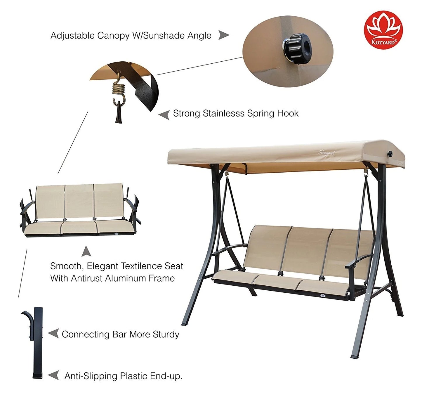 Kozyard Brenda Patio Swing with Coated Steel Frame (Beige, 3 Seat)