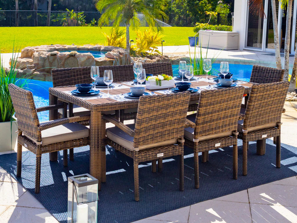 Tuscany 21-Piece Resin Wicker Outdoor Patio Furniture Combination Set with Sectional Set, Eight-seat Dining Set, and Chaise Lounge Set (Half-Round Brown Wicker, Polyester Light Gray)