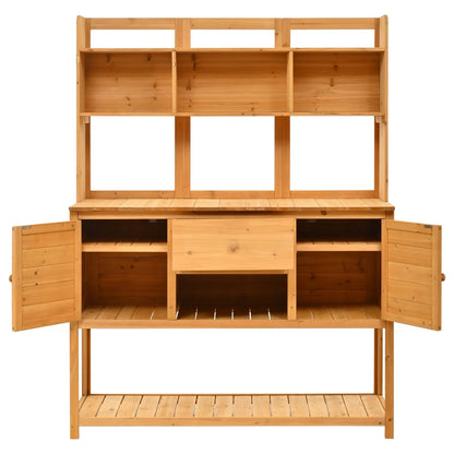 Garden Potting Bench Table with Hutch, Patio Storage Workstation with Adjustable Shelves, 1 Drawer, 2 Cabinets and 3 Side Hooks for Mudroom, Doorway, White