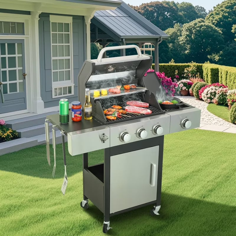 Gundir 3-Burner Propane Gas Grill, 25650 BTU Outdoor BBQ Grill with Foldable Side Table, Wheels, Stainless Steel Thermometer & Warming Rack for Backyard, Patio, Camping