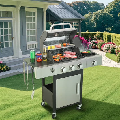 Gundir 3-Burner Propane Gas Grill, 25650 BTU Outdoor BBQ Grill with Foldable Side Table, Wheels, Stainless Steel Thermometer & Warming Rack for Backyard, Patio, Camping