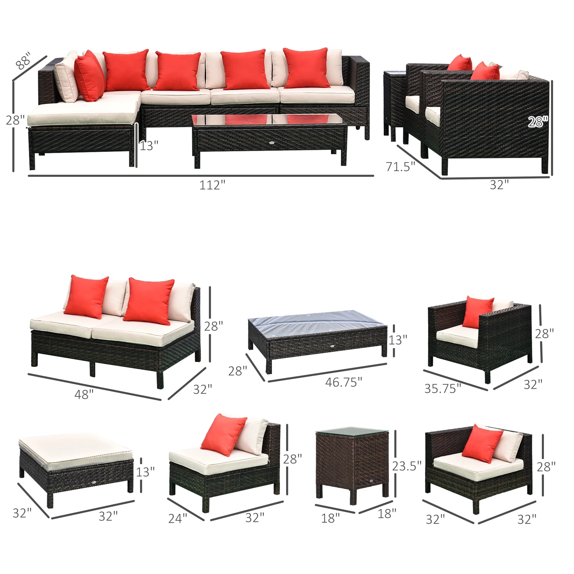 Outsunny 9 Piece Patio Furniture Set, PE Rattan Sofa & Table, Sand