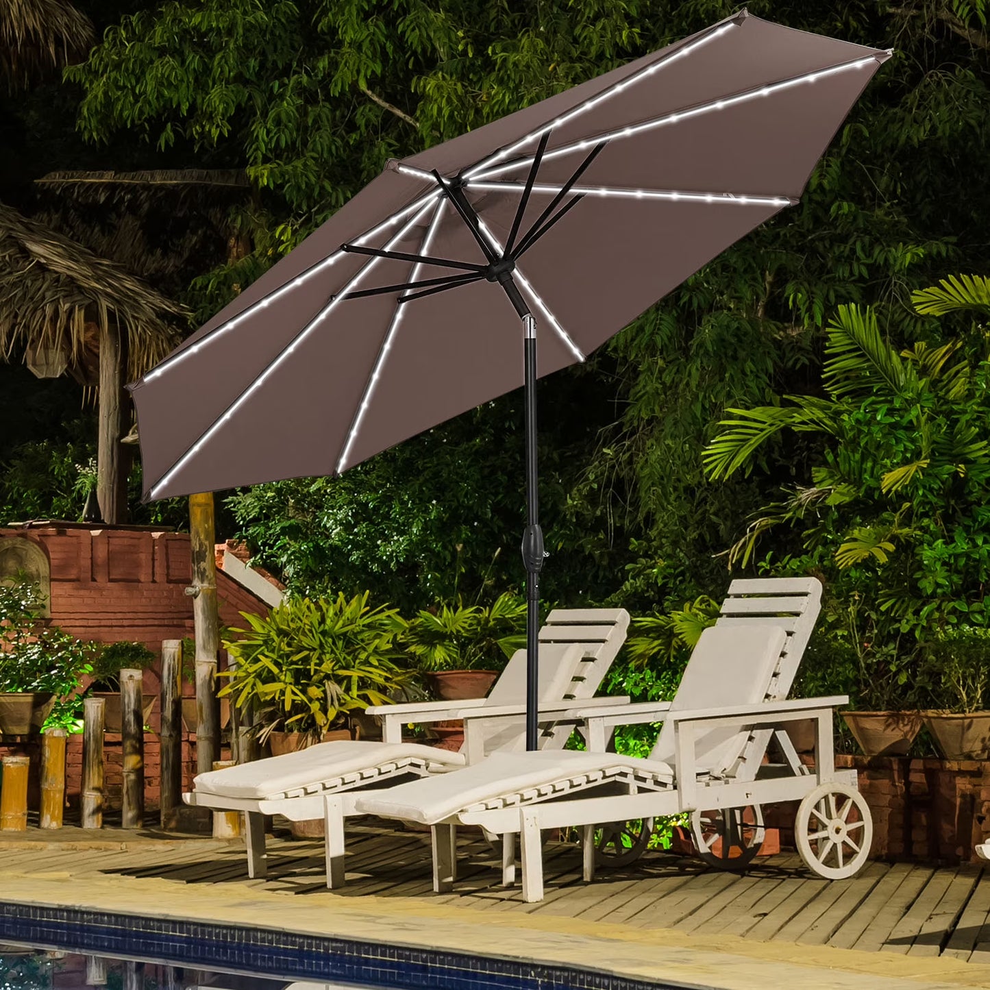 Autlaycil 10 FT Solar LED Lighted Patio Umbrella with LED Table Umbrella with 8 LED Strip Lights, Fade-resistant & Waterproof for Garden, Backyard, Poolside, Push Button Tilt (Blue)
