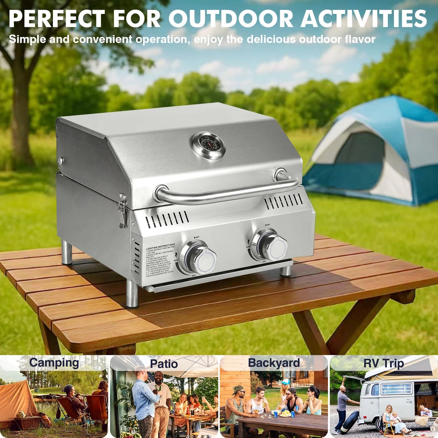 Portable 2-Burner Tabletop Propane Grill for Patio, 20,000 BTU, Stainless Steel, Camping & Tailgating