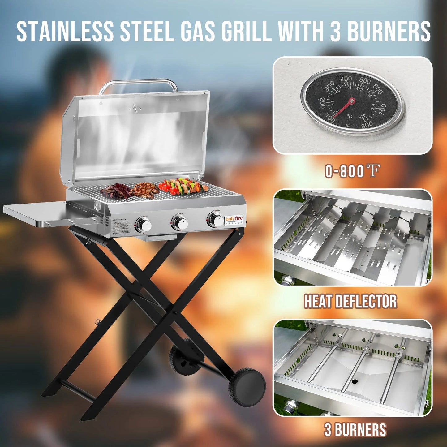 Hitechluxe 3-Burner Propane Gas Grill with Foldable Cart, Lid & Side Table for Outdoor Patio Backyard Barbecue Camping Tailgating RV Trip, Stainless Steel
