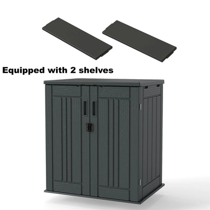 ZYJOYY 15 Cu.Ft Resin Outdoor Storage Shed with Floor & 2 Shelves, Lockable Waterproof Backyard Horizontal Cabinet for Patio, Garden Tools & Equipment,Sage Grey