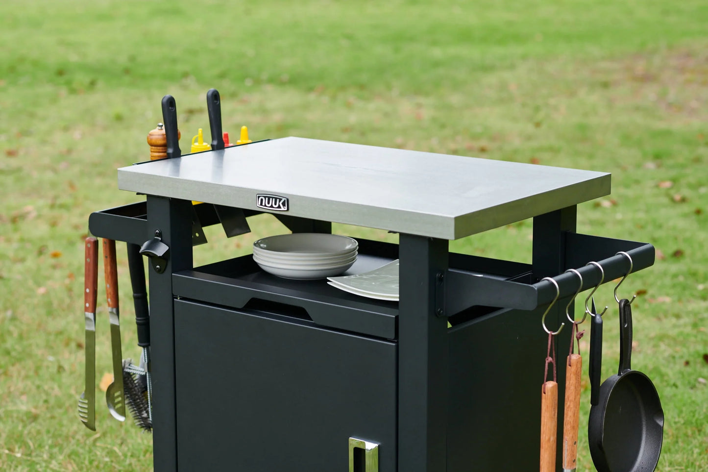Deluxe 30IN Outdoor Rolling Grill Cook Station, Bar Table with Patio Storage Cabinet and Outdoor Dining Table, Black