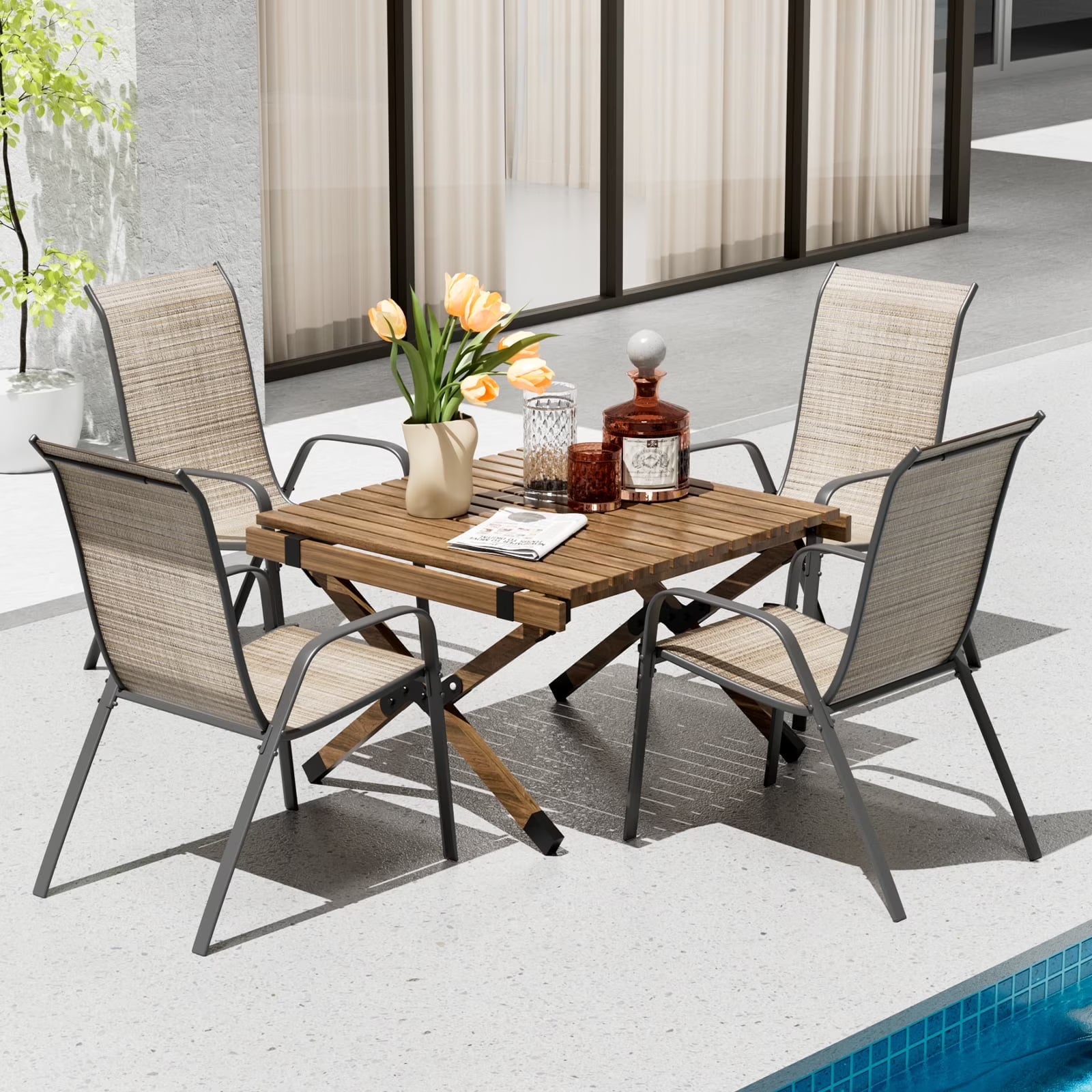 Pirecart Set of 4 Patio Dining Chairs, Textilene Outdoor Stacking Chairs for Poolside, Backyard, Garden