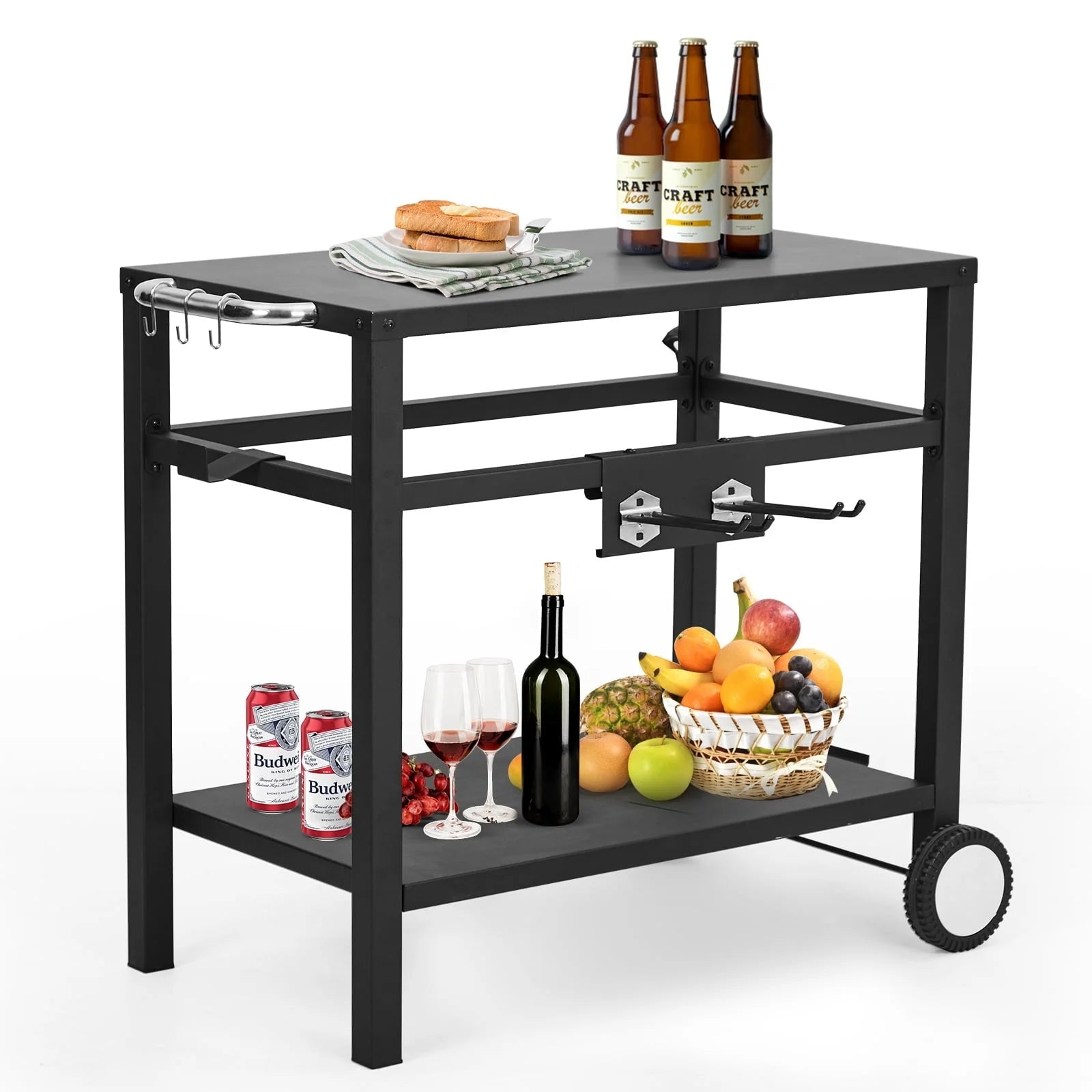 Grill Cart with Wheels & Hooks, Double-Shelf Outdoor Movable Dining Cart Table for Bar Patio Camping Home Cooking Table for Outdoors