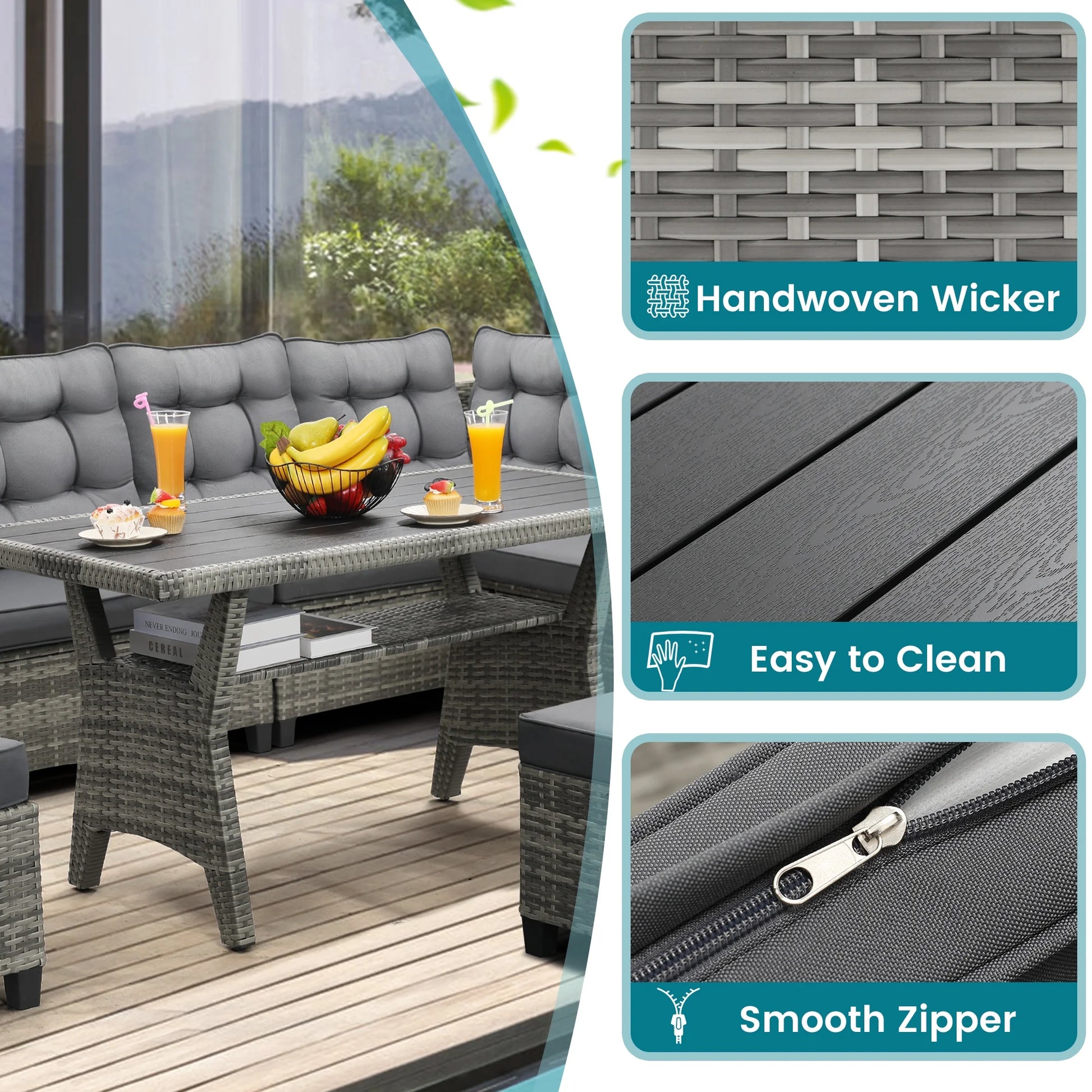LOGYAT 6 Piece All Weather Outdoor Sectional Set, with 2 Sofas, 2 Ottomans with 1 Table, Patio Conversation Furniture for Deck, Garden, Natural Wicker and Black Cushions