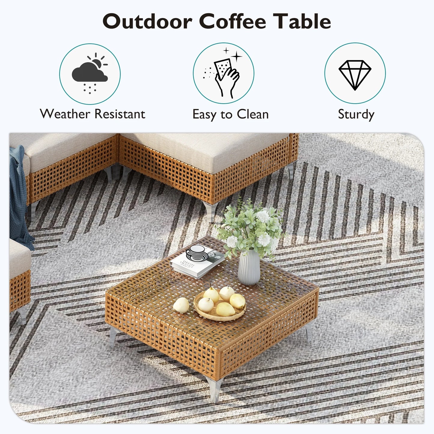 7 Pieces Patio Furniture Set, Wicker Sectional Table and Chairs Sets, Patio Conversation Set with Sectional Chaise Longue, Coffee Table, Suitable for Porch Backyard Garden, Beige