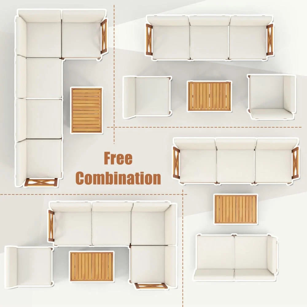 Kepooman Outdoor Conversation Sets,Patio Furniture Sets,6 Pieces Acacia Wood Patio Furniture Set with Cushions and 2-Tier Coffee Table-White