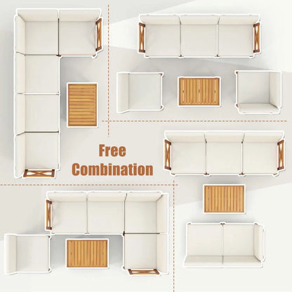 Kepooman Outdoor Conversation Sets,Patio Furniture Sets,6 Pieces Acacia Wood Patio Furniture Set with Cushions and 2-Tier Coffee Table-White