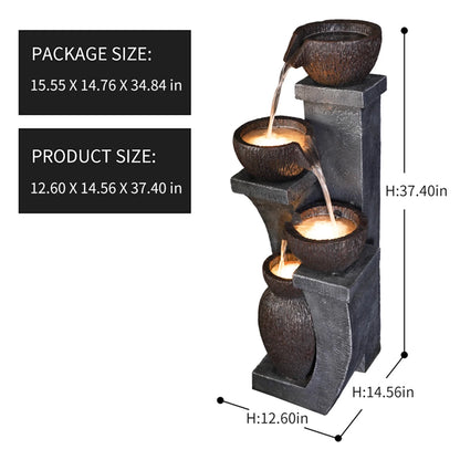 37.4 in. H Outdoor Water Fountain with 4 Crocks, Modern LED Lighted Garden Floor Fountain for Patios and Yards - Durable Resin Water Feature with Cascading Waterfall Design for Indoor/Outdoor Dcor