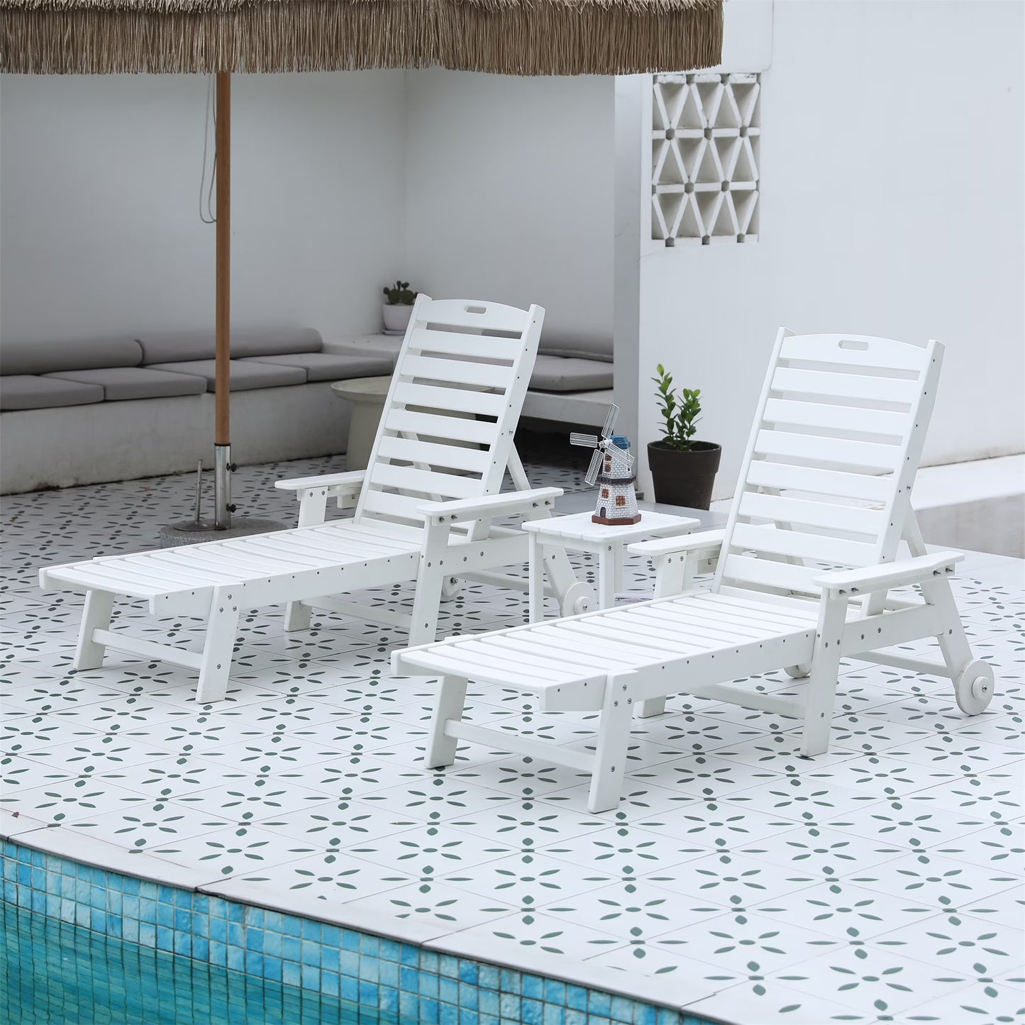 Aukfa 3 Pcs Outdoor Patio Chaise Lounge w/Coffee Table& Cup Holder, Adjustable Backrest, HDPE, Black