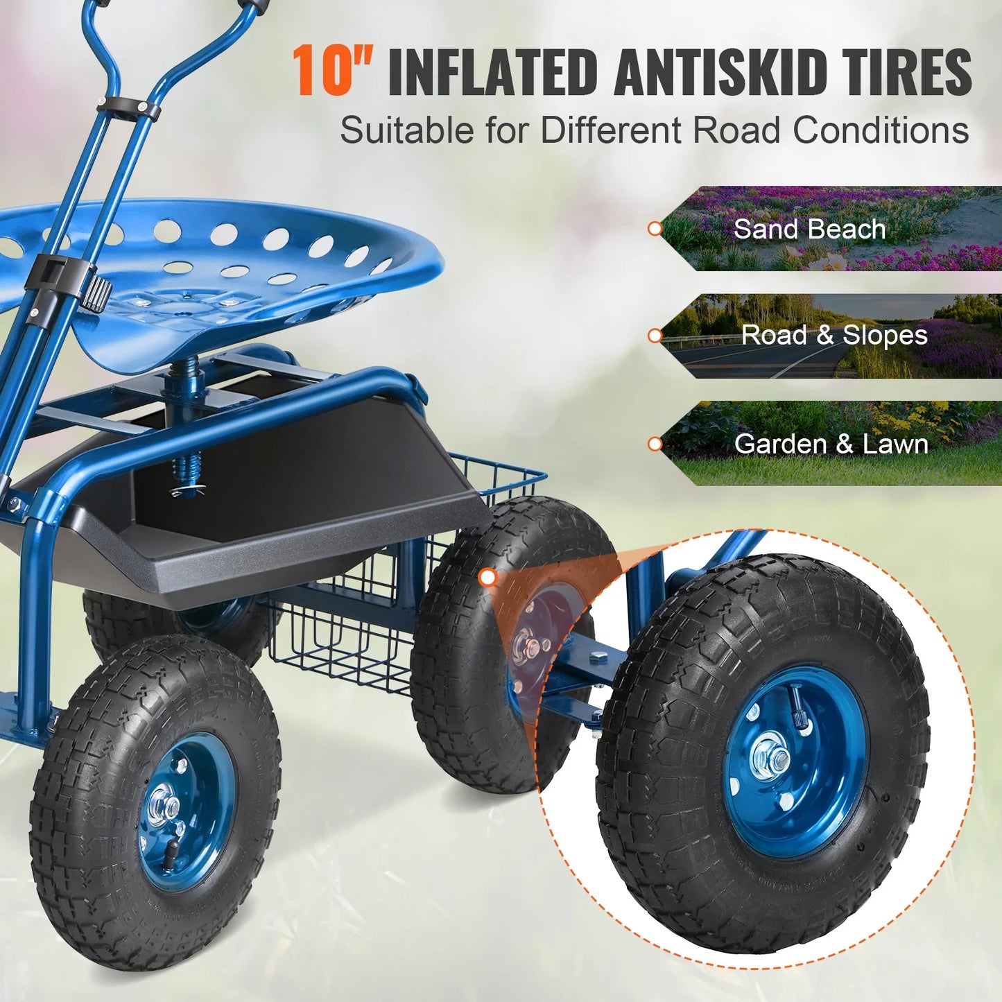 KFFKFF Outdoor Cart with Rotating Seat, Planting Stool on Wheels, Garden Trolley with Directional Handle and Handy Tool Tray, Ideal for Lawn, Patio, and Outside Areas, Blue