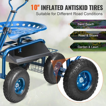 KFFKFF Outdoor Cart with Rotating Seat, Planting Stool on Wheels, Garden Trolley with Directional Handle and Handy Tool Tray, Ideal for Lawn, Patio, and Outside Areas, Blue