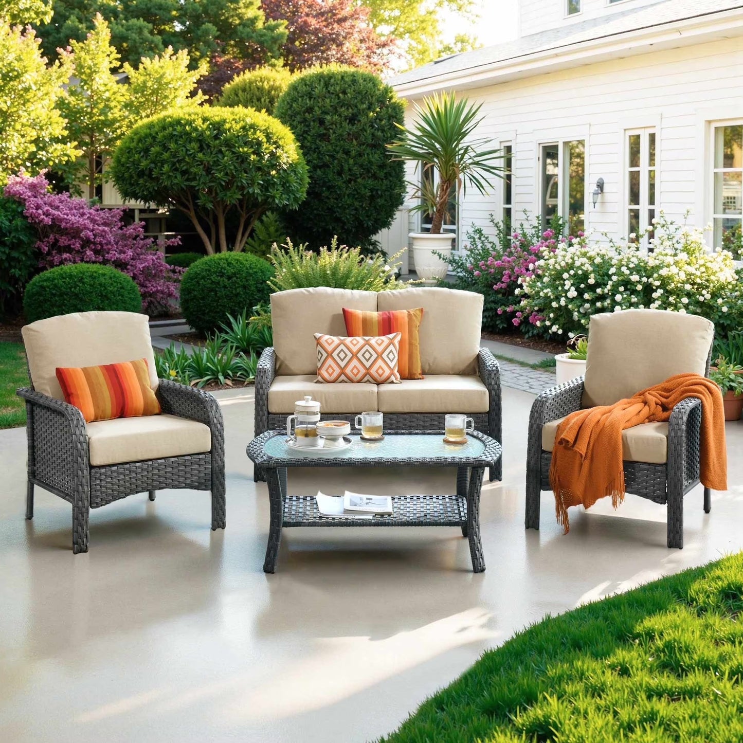 Ovios 4 Pieces Wicker Outdoor Patio Furniture with Coffee Table High Back All Weather Rattan Outdoor Sectional Conversation Set for Backyard Porch Garden, Denim Blue