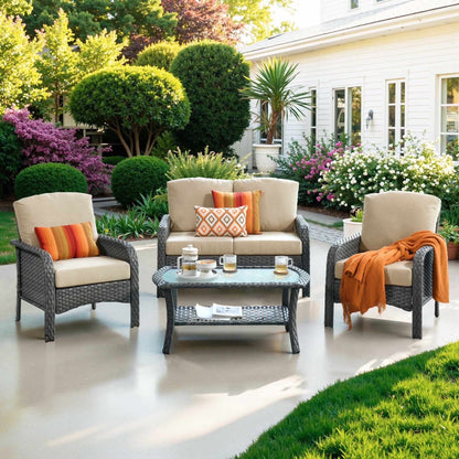 Ovios 4 Pieces Wicker Outdoor Patio Furniture with Coffee Table High Back All Weather Rattan Outdoor Sectional Conversation Set for Backyard Porch Garden, Denim Blue