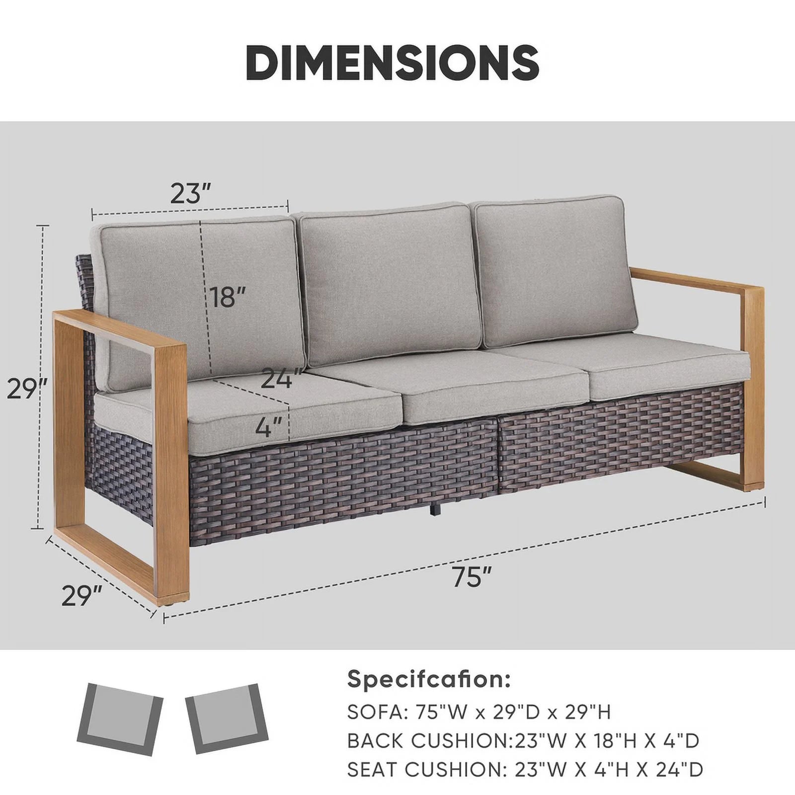 PARKWELL Outdoor 3-Seat Patio Sofa Furniture,Weather Resistant Wicker Couch with Deep Seat Anti-Slip Cushion,Gray