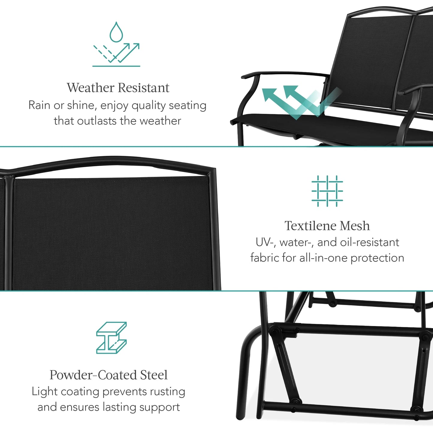 Best Choice Products 2-Person Outdoor Swing Glider, Steel Patio Loveseat, Bench Rocker w/Armrests - Black