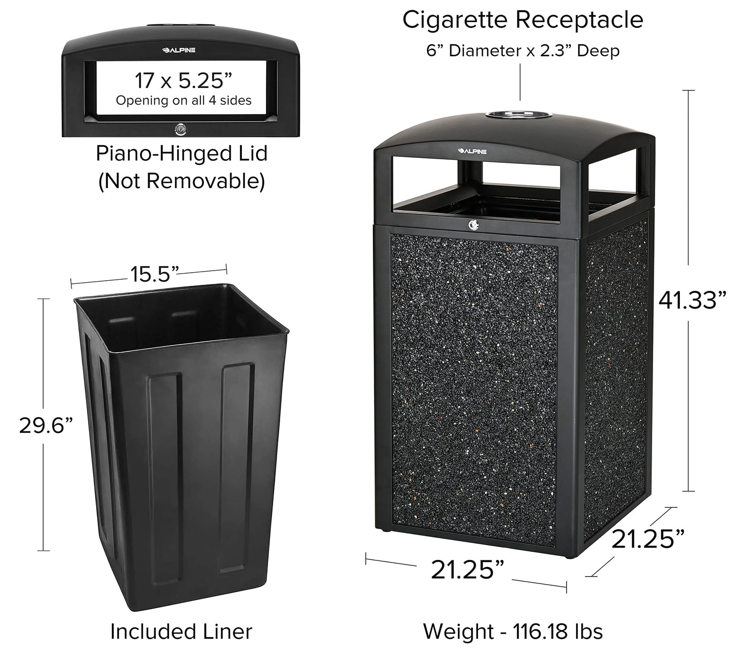Alpine Outdoor Commercial Trash Can with Lid - 40 Gallon Heavy Duty Metal Garbage Can with Removable Bin, Locking Lid, Perfect for Patio, Pool, Deck, Mall Black, Grey Stone Panels (Tray)