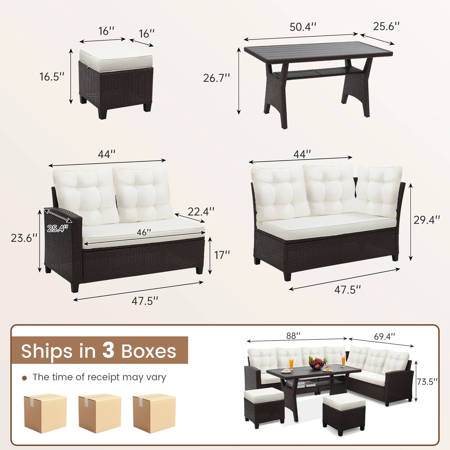 LOGYAT 6 Piece All Weather Outdoor Sectional Set, with 2 Sofas, 2 Ottomans with 1 Table, Patio Conversation Furniture for Deck, Garden, Natural Wicker and Black Cushions