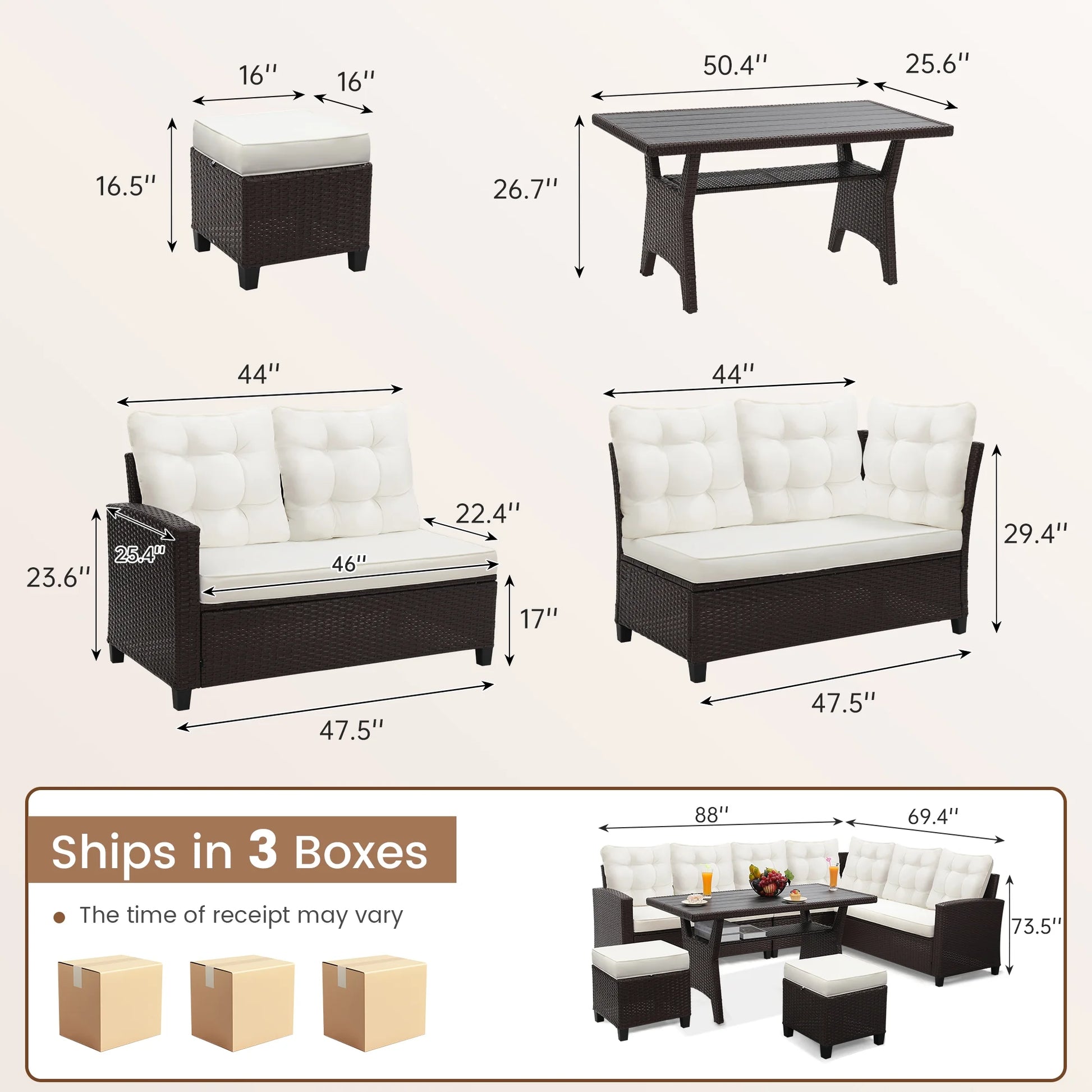 LOGYAT 6 Piece All Weather Outdoor Sectional Set, with 2 Sofas, 2 Ottomans with 1 Table, Patio Conversation Furniture for Deck, Garden, Natural Wicker and Black Cushions
