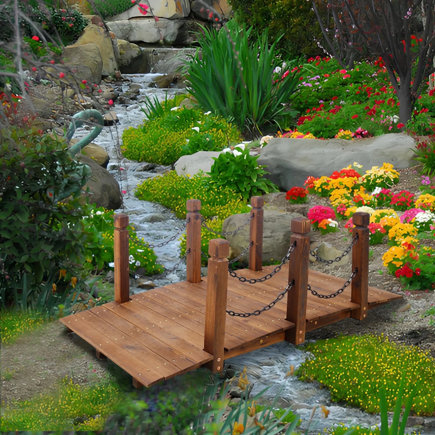 5 FT Wooden Garden Bridge, Stained Wood Arc Footbridge with Chain Railings, Outdoor Lawn Pond Bridge for Garden, Yard, Patio, Courtyard, Farm, Creek, Brown