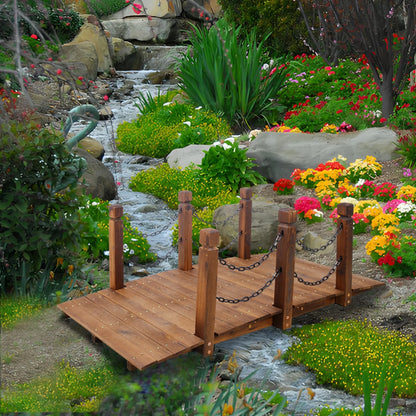 5 FT Wooden Garden Bridge, Stained Wood Arc Footbridge with Chain Railings, Outdoor Lawn Pond Bridge for Garden, Yard, Patio, Courtyard, Farm, Creek, Brown