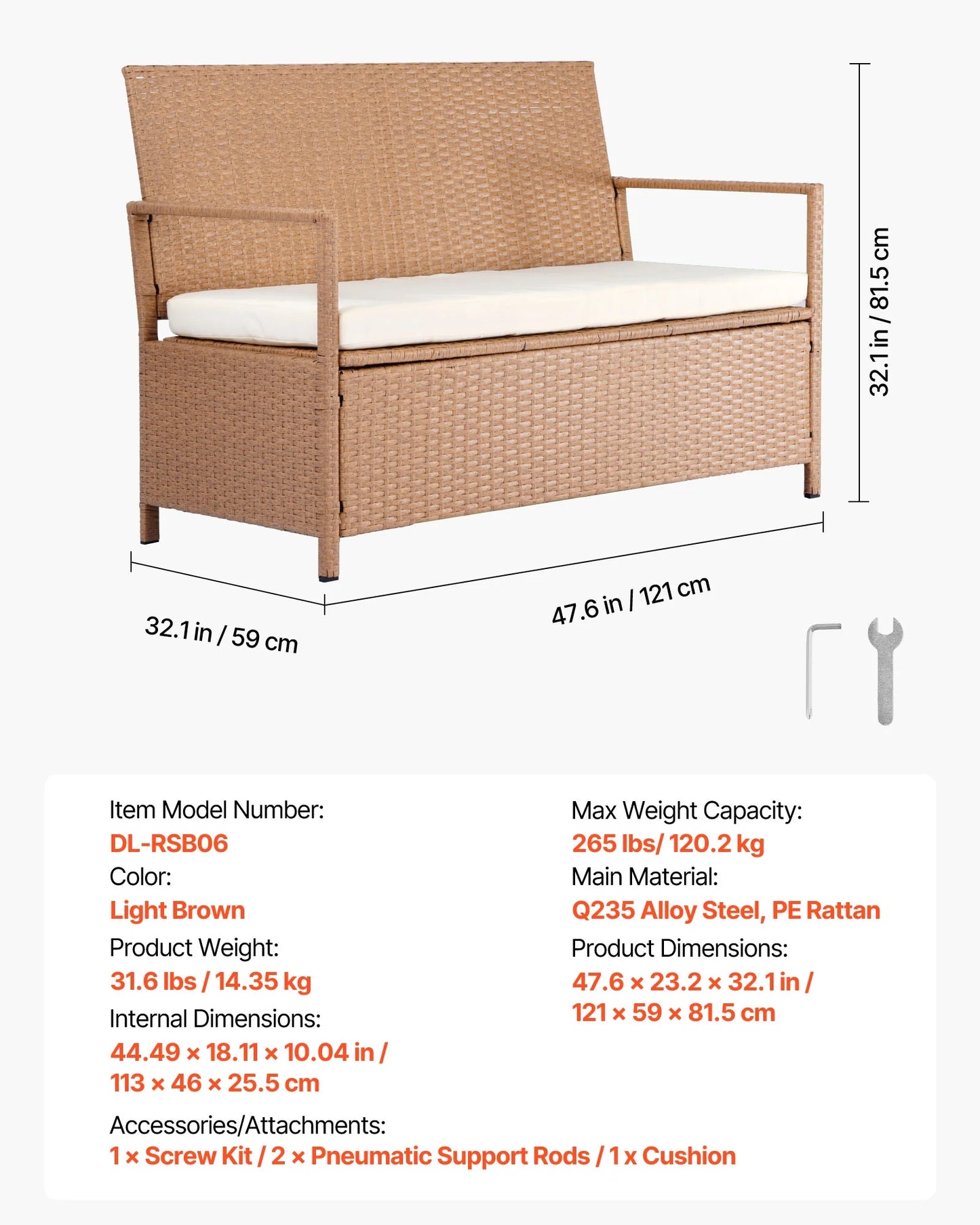 VEVOR Outdoor Storage Bench, 2-Person PE Rattan Storage Bench, 70 Gal Deck Box with Cushion, Supports up to 265 lbs, Weatherproof Outdoor Seating & Porch Decor for Patio Garden Balcony Yard