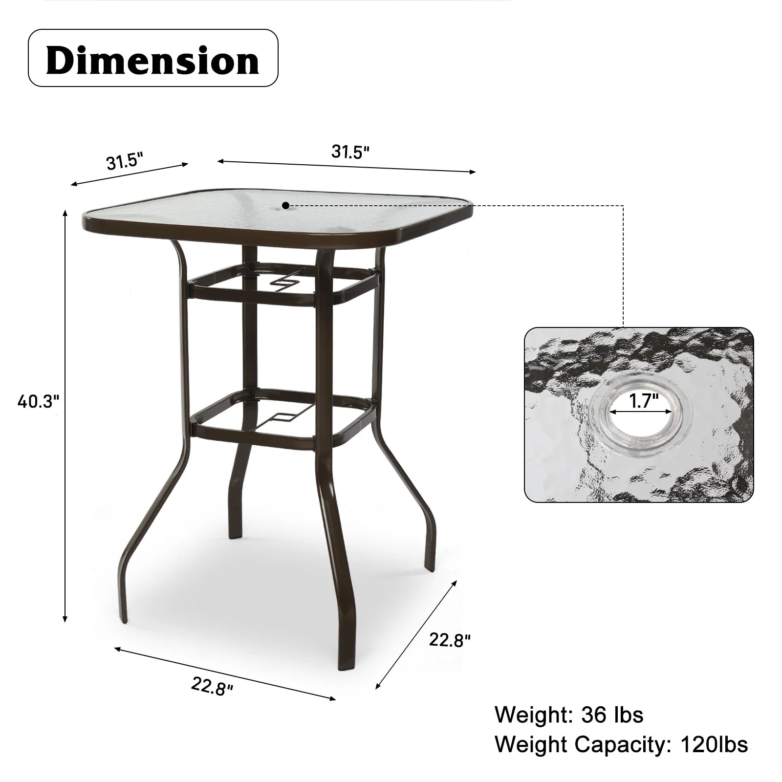 Ktaxon 31 Inch Patio Bar Table, Square Outdoor Bar Height Bistro Table with Tempered Glass Tabletop & Umbrella Hole, Outdoor Cocktail Table for Patio Yard Poolside, Brown