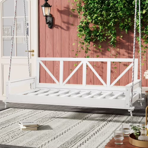 Patio Twin Size Swing Bed, A-cacia Wood Porch Swing Daybed with Hemp Ropes, Safe Sloped Design, Patio Hanging Swing Sofa Bed for Backyard, Garden, Pool, White