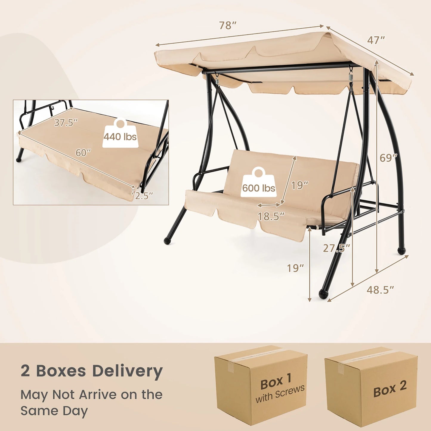 Gymax Outdoor Swing Chair Glider Patio Hammock Converting Flatbed w/Adjustable Canopy