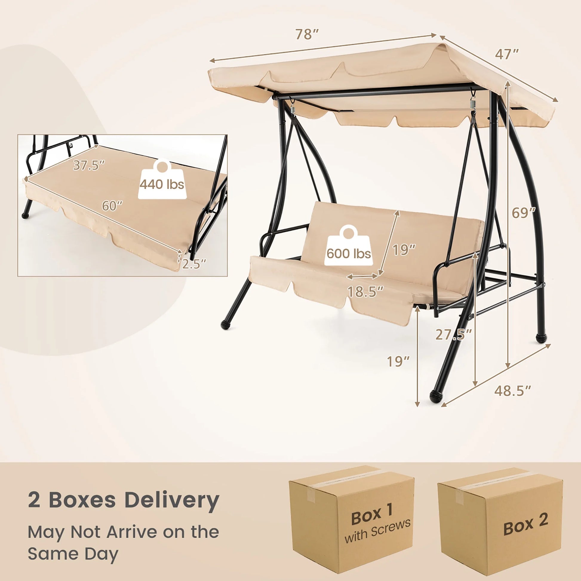 Gymax Outdoor Swing Chair Glider Patio Hammock Converting Flatbed w/Adjustable Canopy