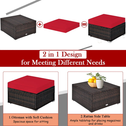 Costway 5PCS Patio Rattan Furniture Set Sectional Conversation Set Ottoman Table Red
