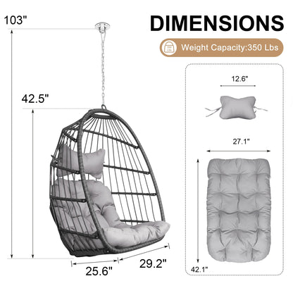 RADIATA Hanging Egg Chair Without Stand, Dark Gray Wicker Swing Egg Chair with Cushion, 350 lbs Capacity, Indoor Outdoor Ceiling or Tree Hanging Chair for Patio, Bedroom, Porch