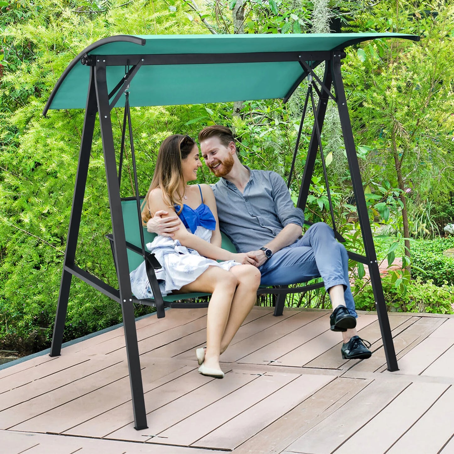 Gymax 2-Person Outdoor Patio Porch Swing Chair w/Adjustable Canopy Turquoise