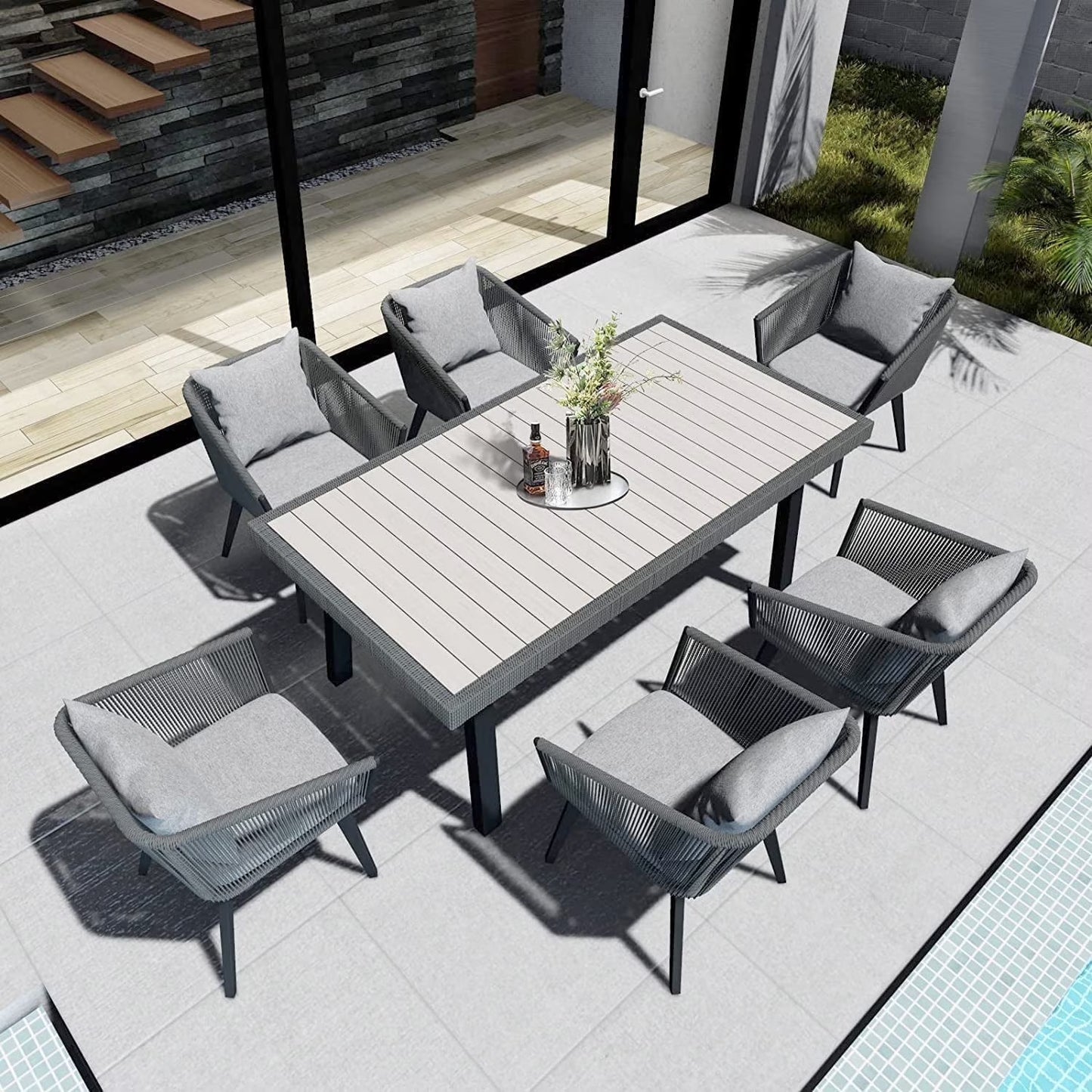 7-Piece Patio Dining Set for 6 - Wicker All Weather Outdoor Furniture with Cushions & Pillows, Grey, Modern Outdoor Table & Chairs Set