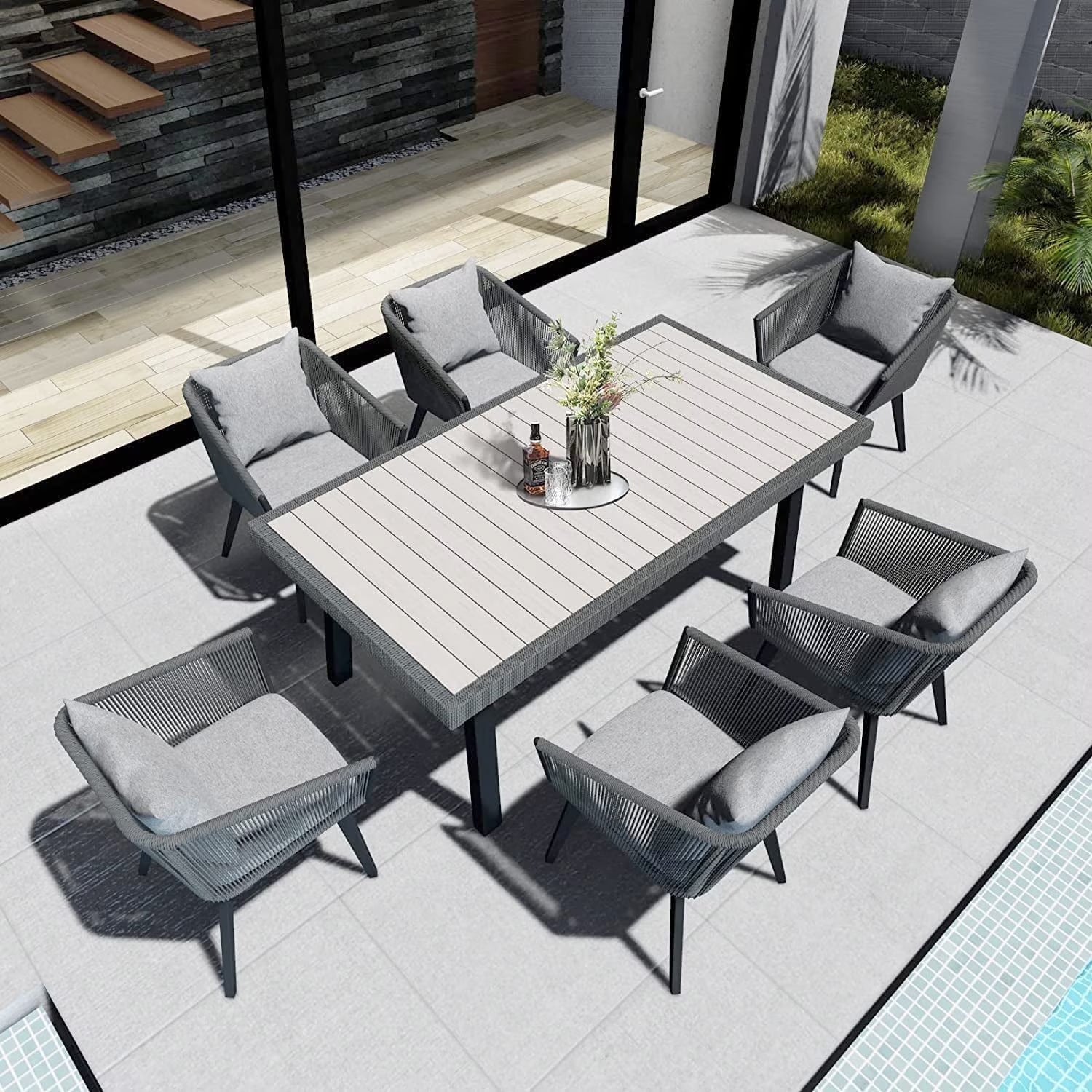 7-Piece Patio Dining Set for 6 - Wicker All Weather Outdoor Furniture with Cushions & Pillows, Grey, Modern Outdoor Table & Chairs Set